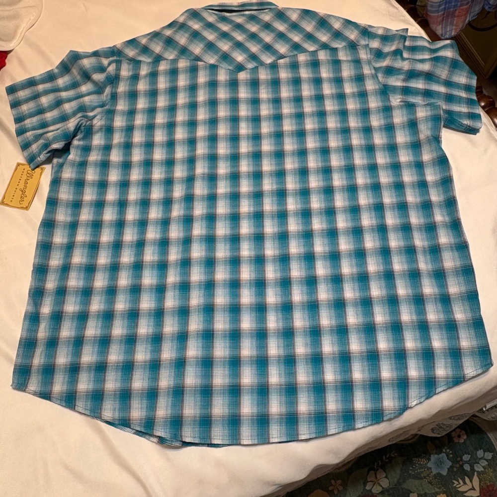 Wrangler Western Shirt Mens 2XL Big Teal Blue Plaid Pearl Snap Short Sleeve NEW - Picture 8 of 9